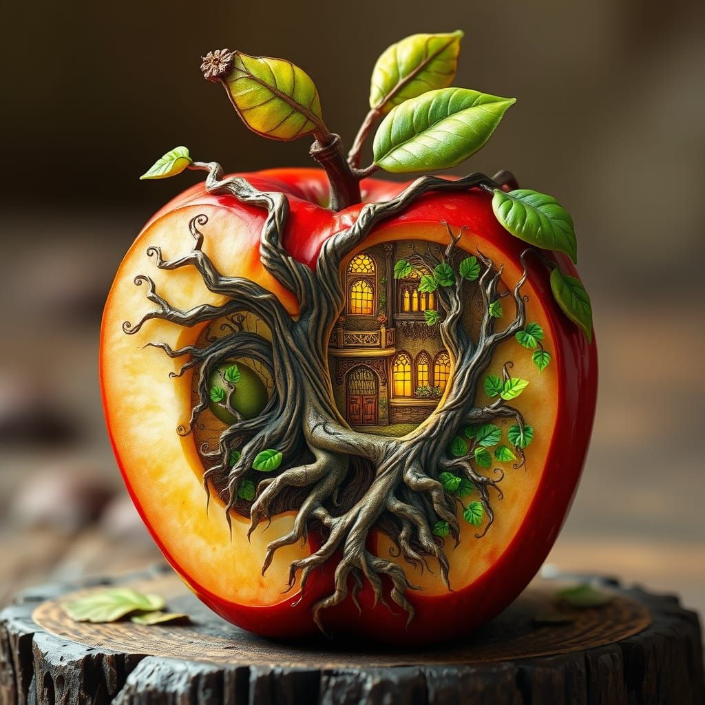 Whimsical Miniature World Inside a Golden Apple