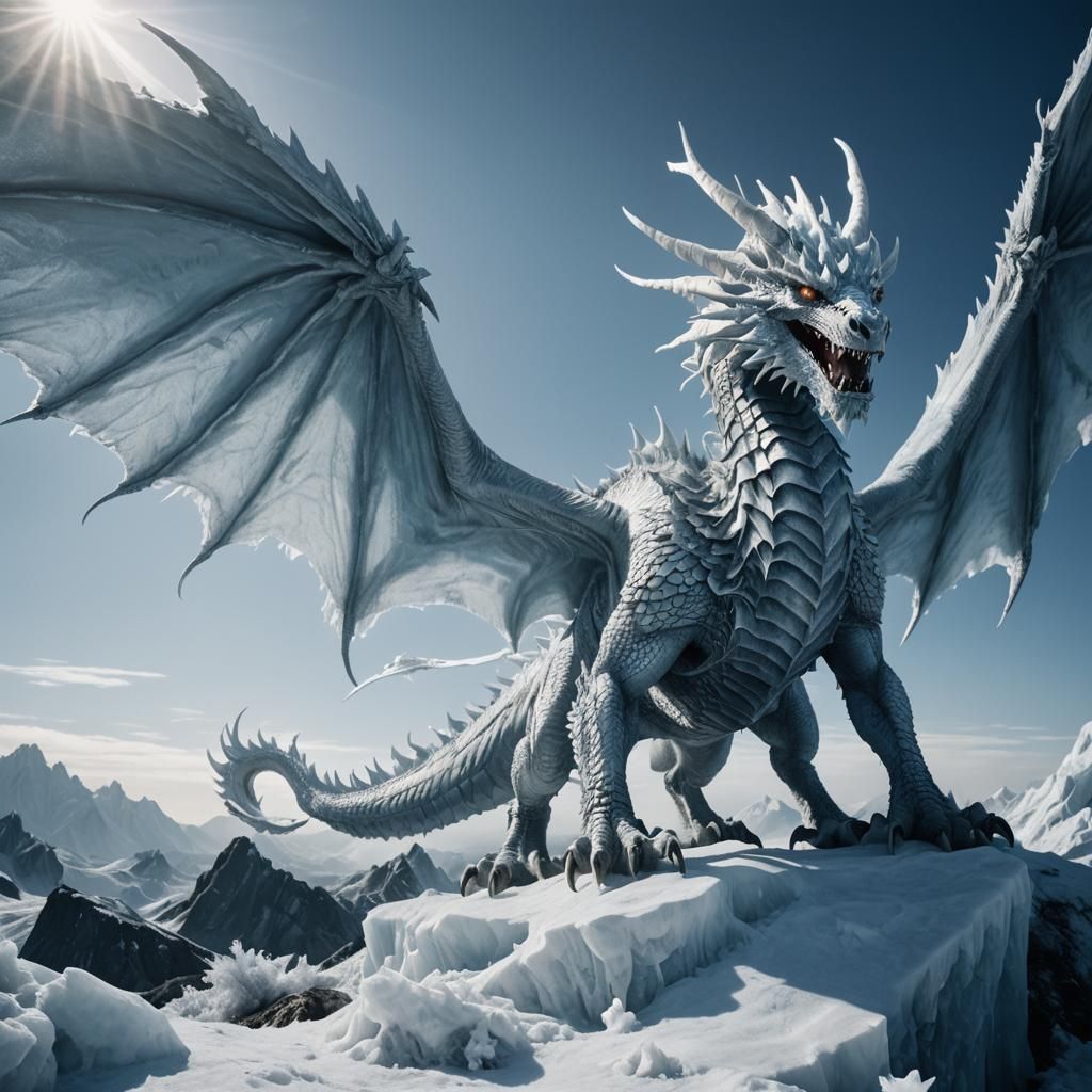 Majestic Ice Dragon Soaring in Dark Blue Sky