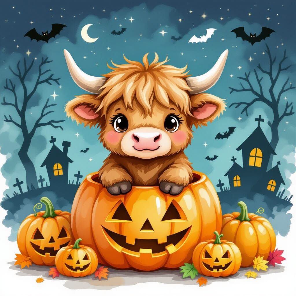 Cute Chibi Highland Cow in Pumpkin, Watercolor Halloween Art