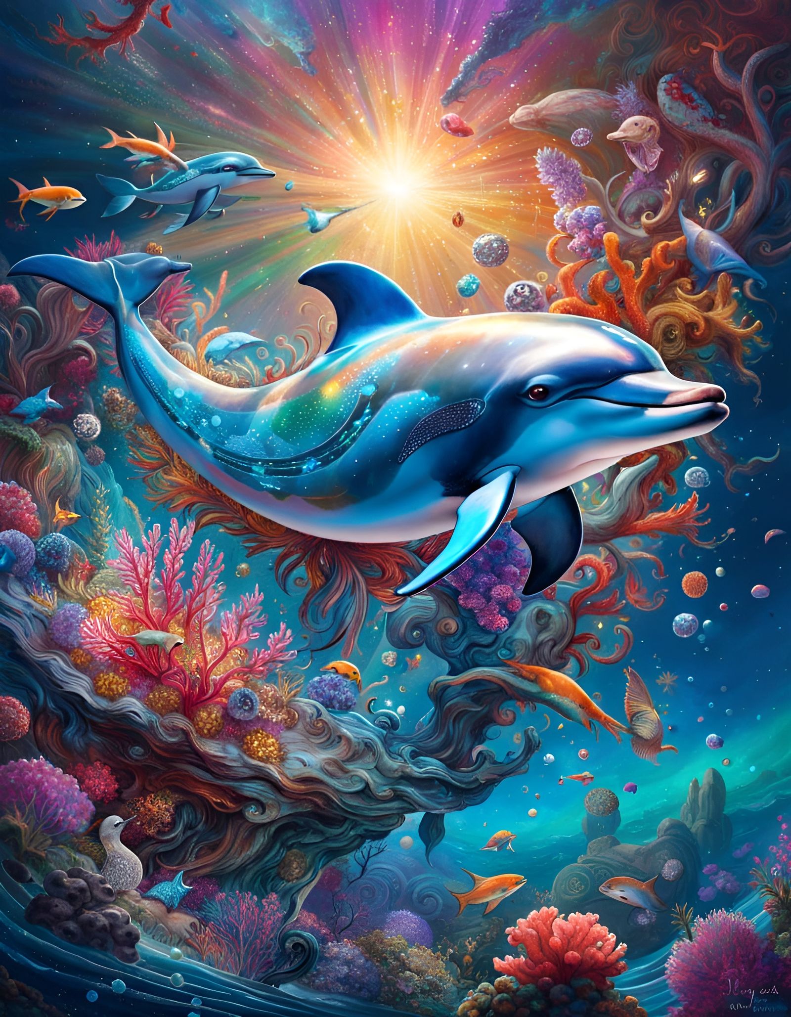 Crystalline Dream Dolphin Leaping from Sparkling Waves