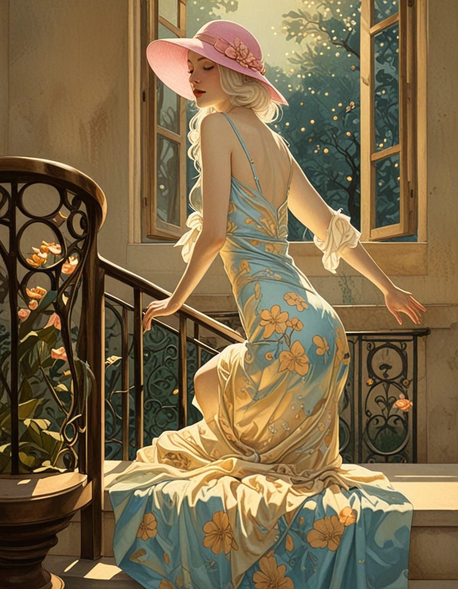Art Nouveau Lady with Firefly Hat Climbing Stairs