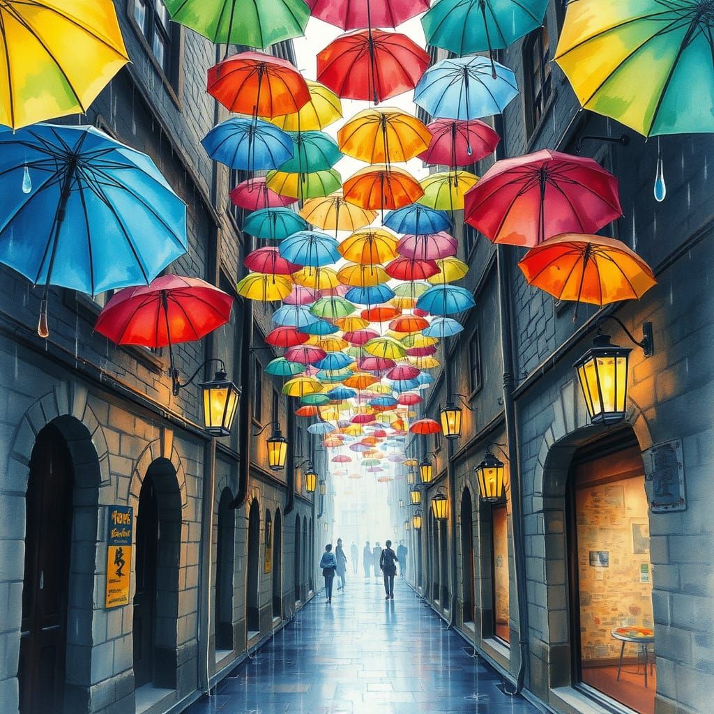 Vibrant Umbrellas Above Medieval Street in Magical Watercolo...