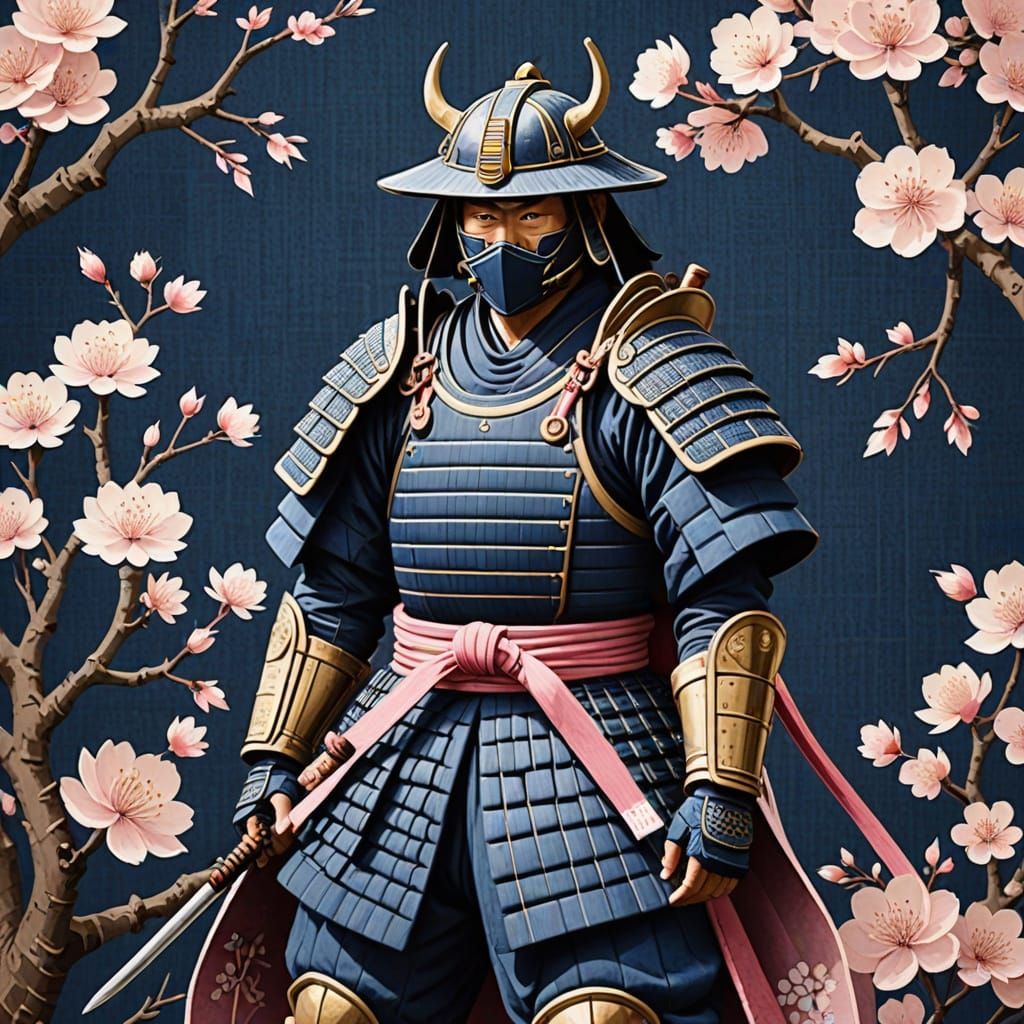 Samurai Warrior Textile Art with Cherry Blossoms