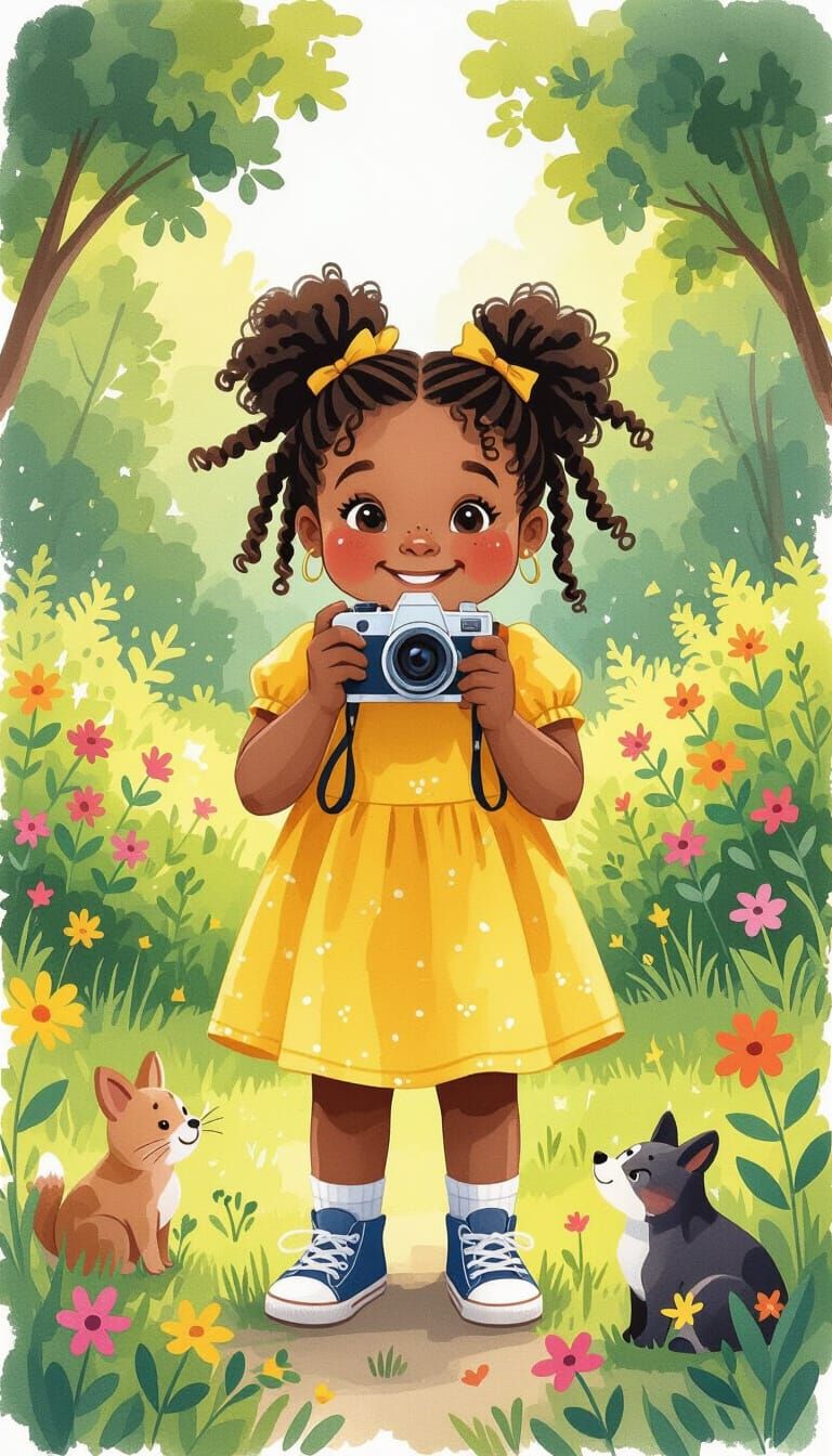 Happy Girl With Camera in Wet-on-Wet Watercolor Style