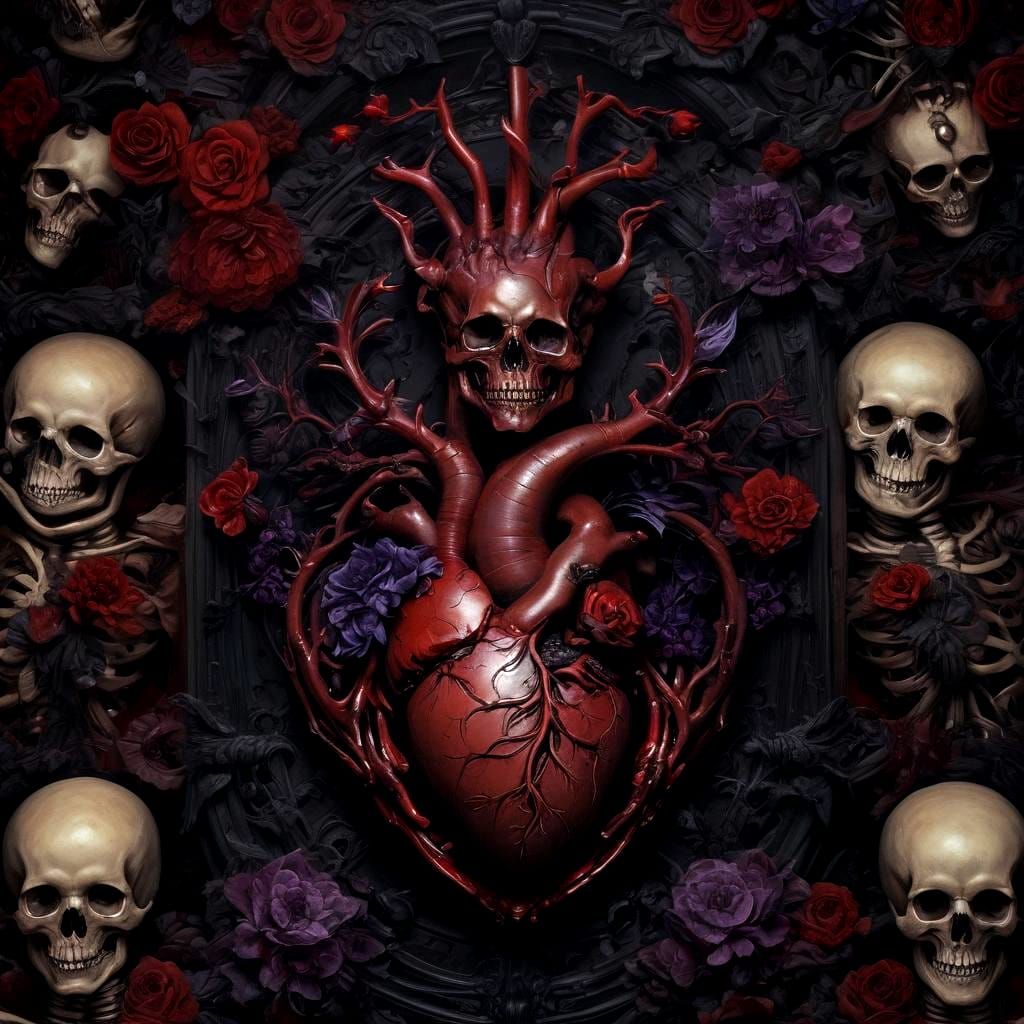Anatomical Heart Surrounded by Skeletons and Dark Flowers
