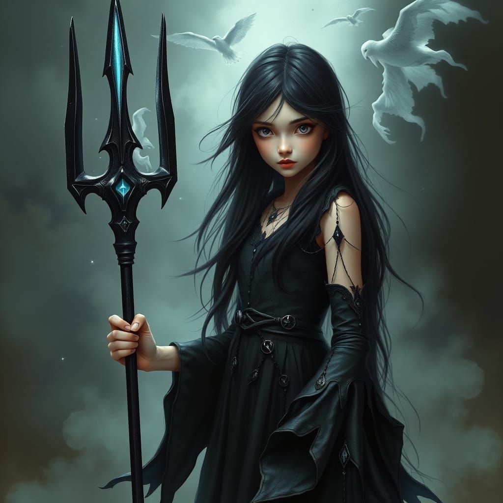 Girl with Trident in Mystical Dreamscape