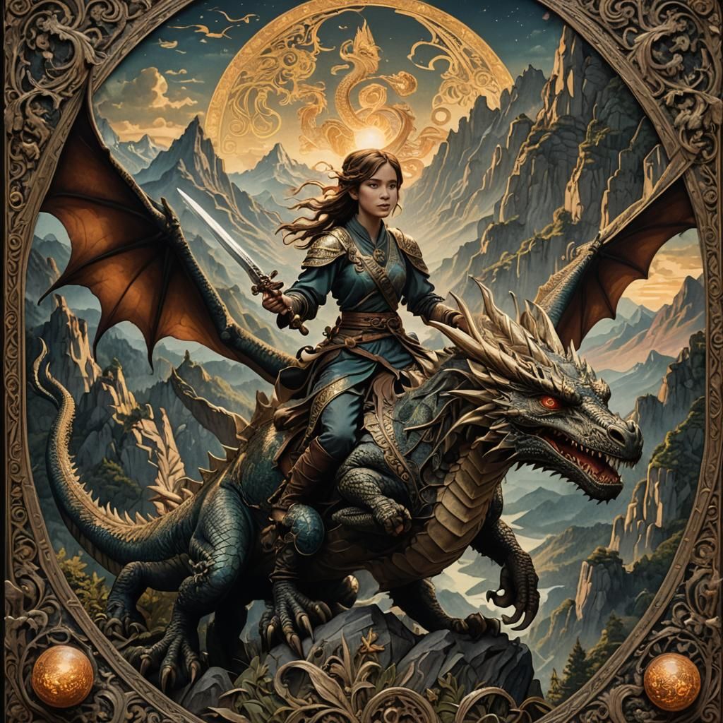 Girl Rides Dragon with Sword: Ornate Tapestry