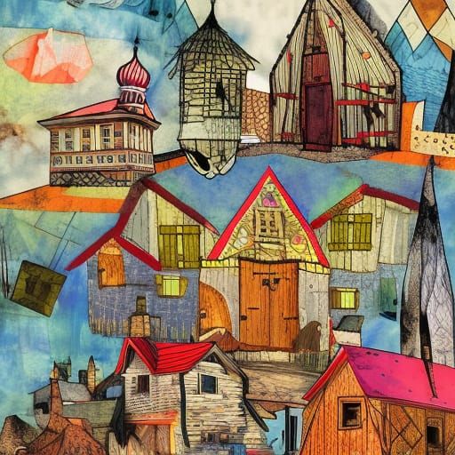 Russian Village Collage in Folk Art Style