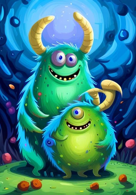 Friendly Blue Monster with Purple Spots and Green Companion