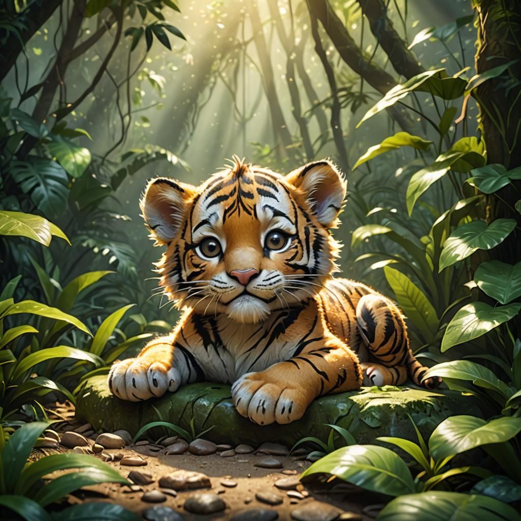 Cute Chibi Tiger Cub in Misty Jungle