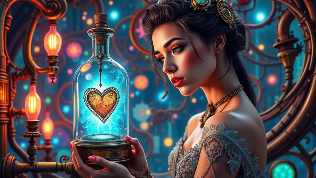 Ethereal Steampunk Woman Contemplates Enchanted Bottle