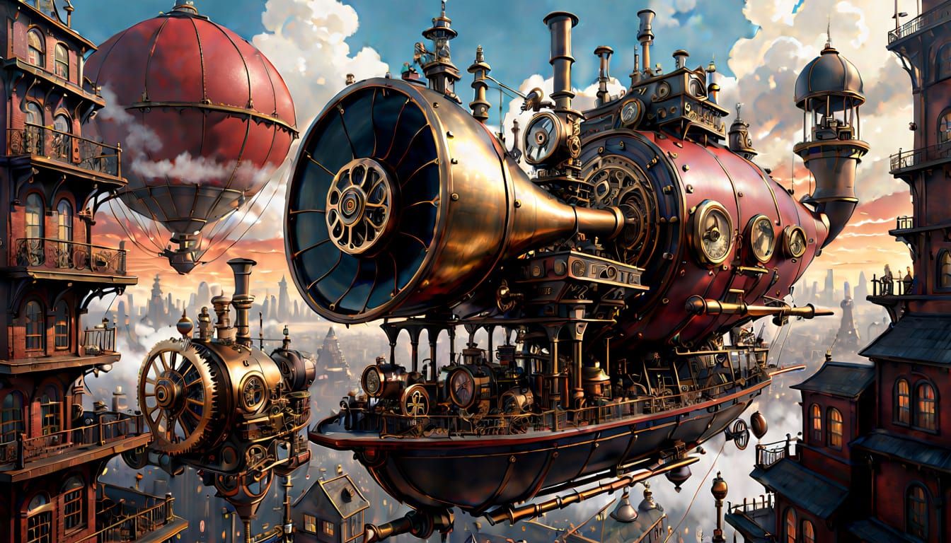 Steampunk Gramophone Airship Soaring Over Mechanical Metropo...