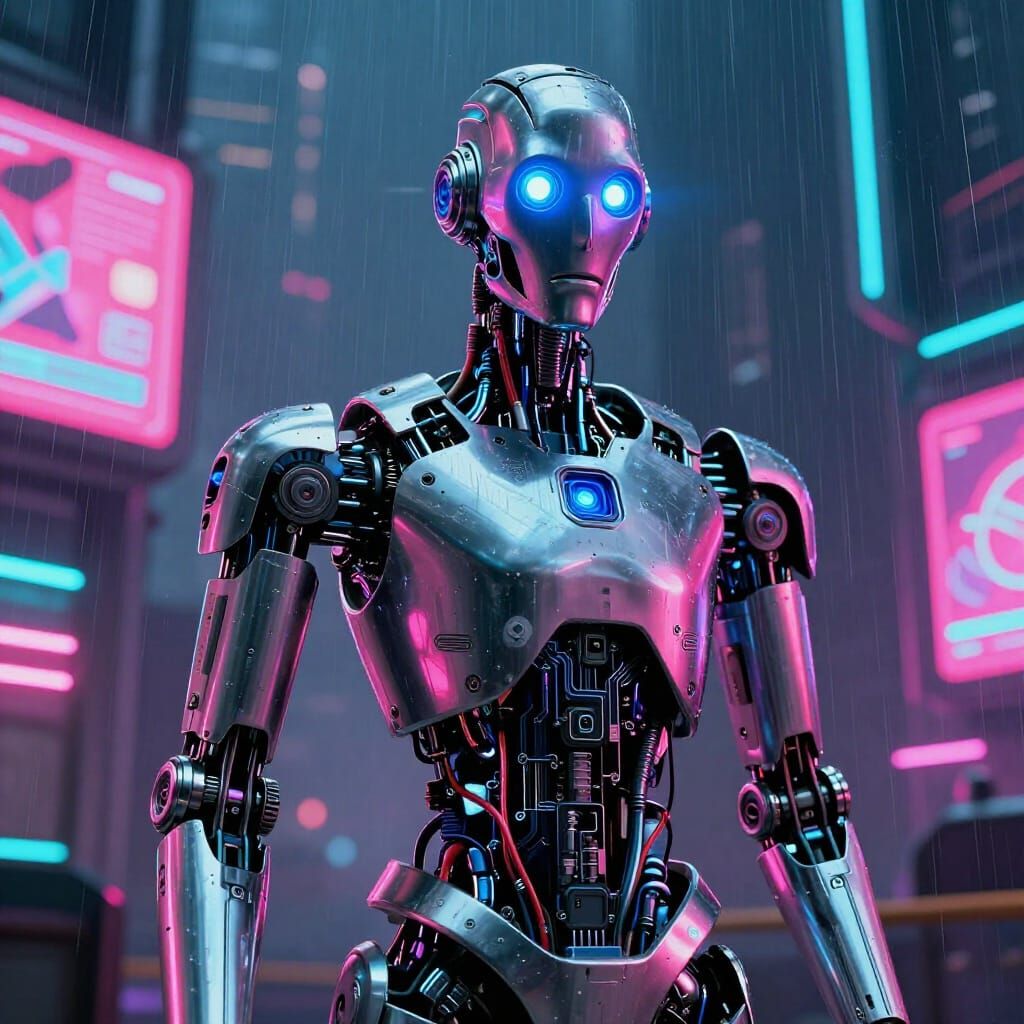 GLaDOS Robot in Neon Cyberpunk Cityscape