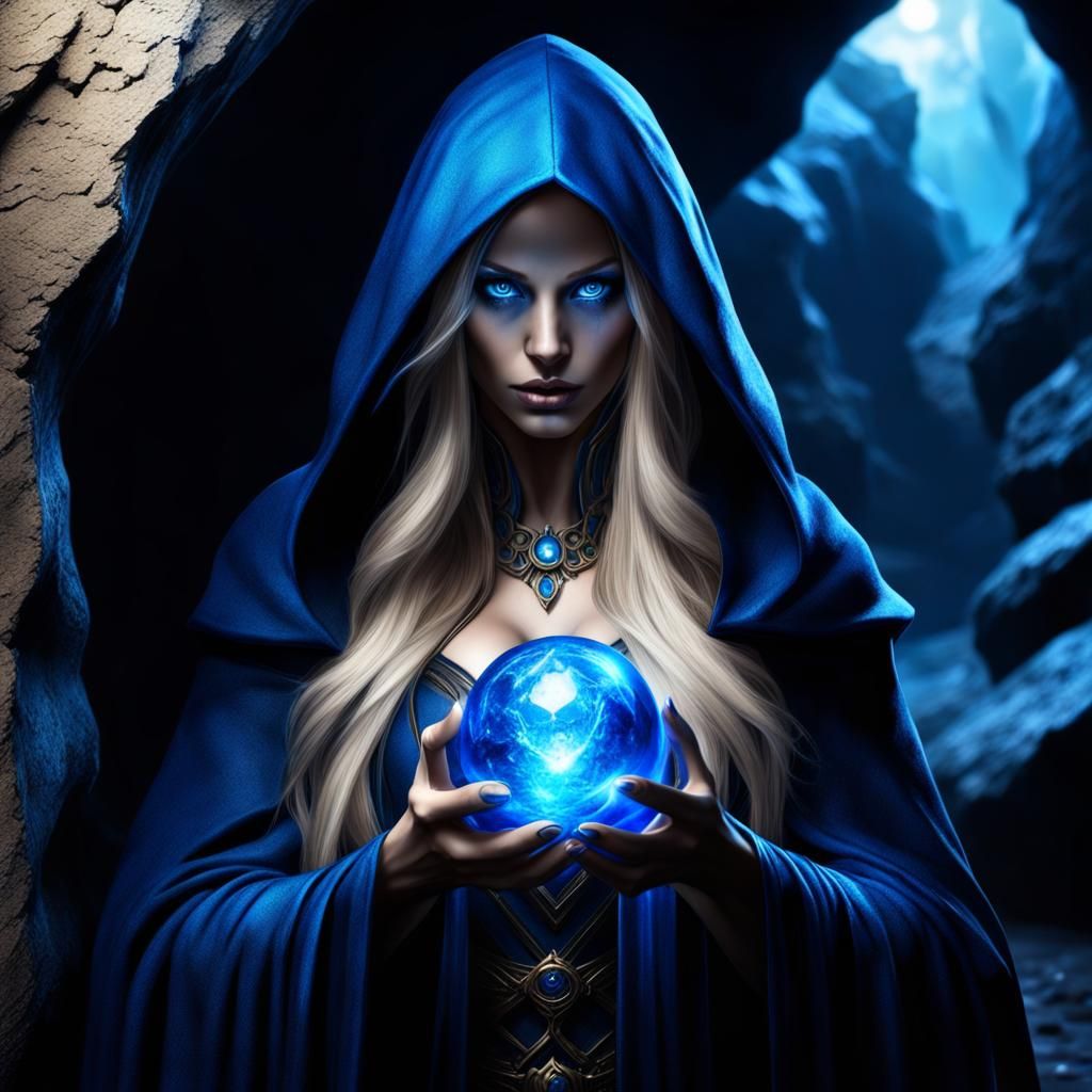 Mysterious Fae Sorceress Casting Magic in a Dark Cave