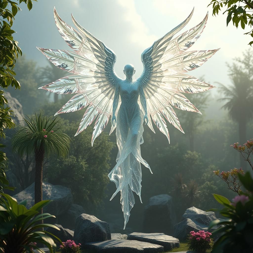 Surreal Crystal Angel in Ethereal Garden Scene