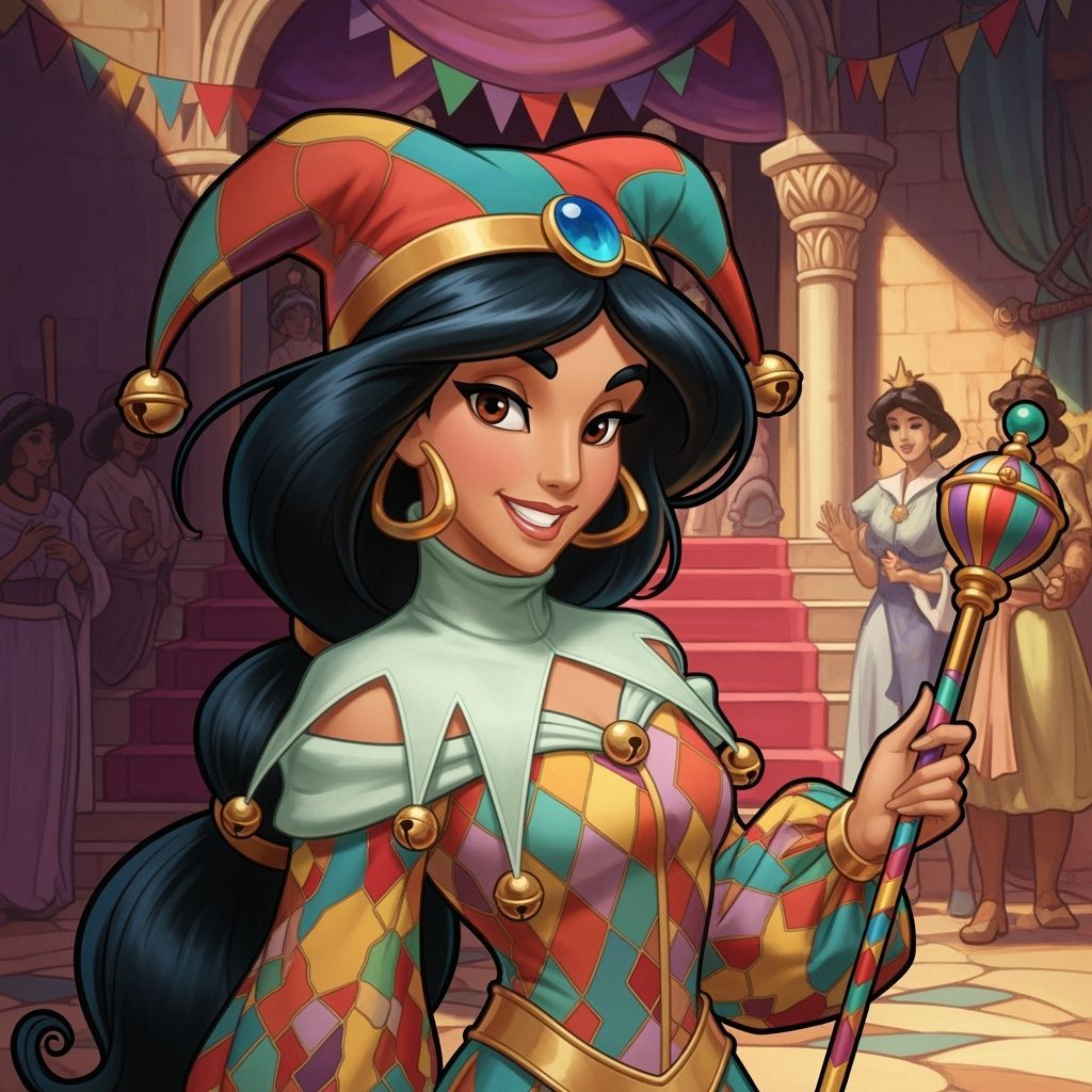 Princess Jasmine as a Cute Jester in Art Nouveau Style