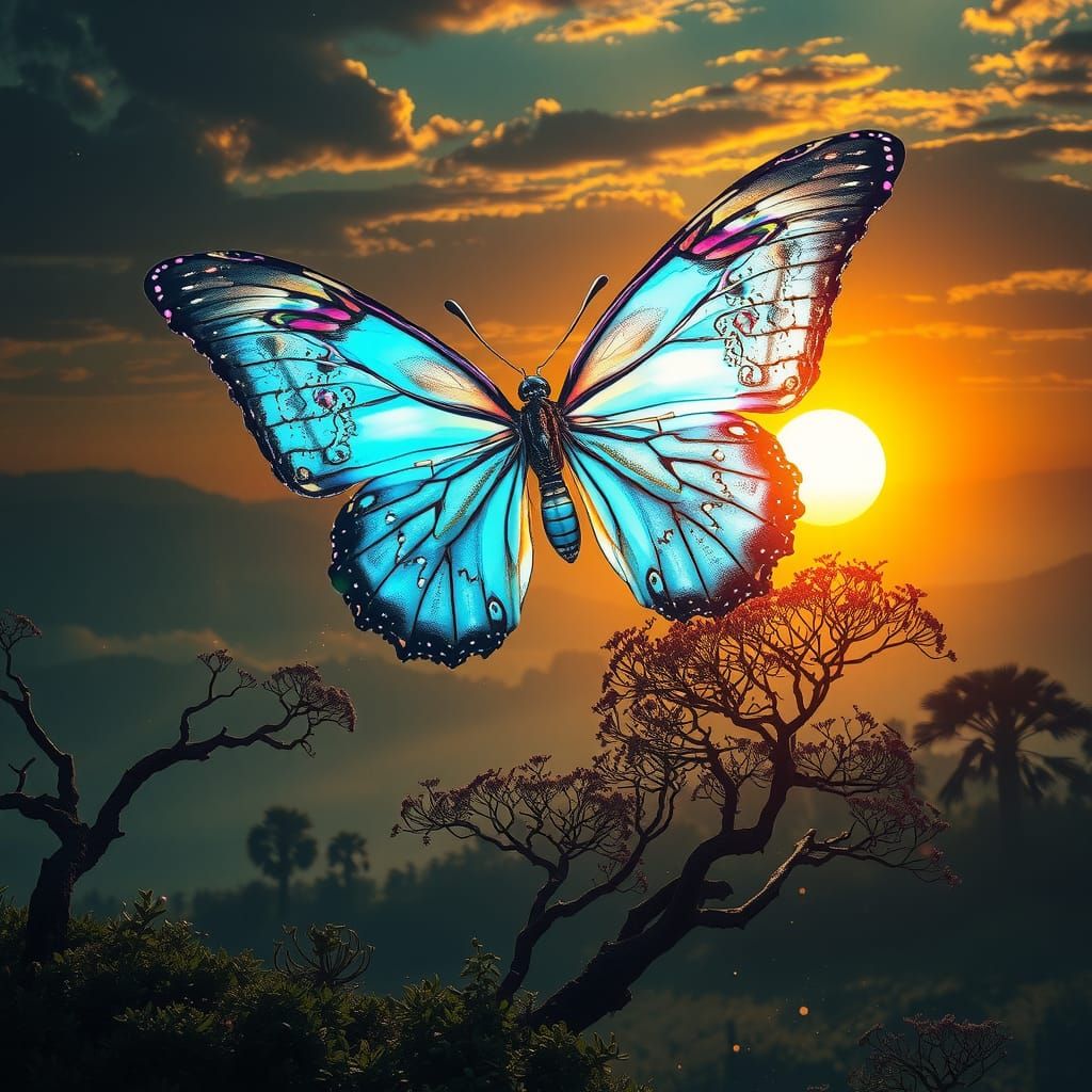 Giant Butterfly Soaring at Sunset in Ethereal Landscape