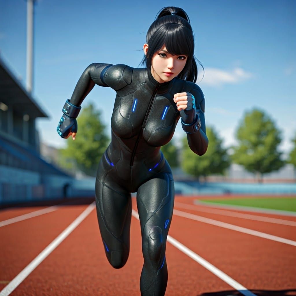 Anime Woman in Futuristic Sprinter Attire, Eyes Fixed on Fin...