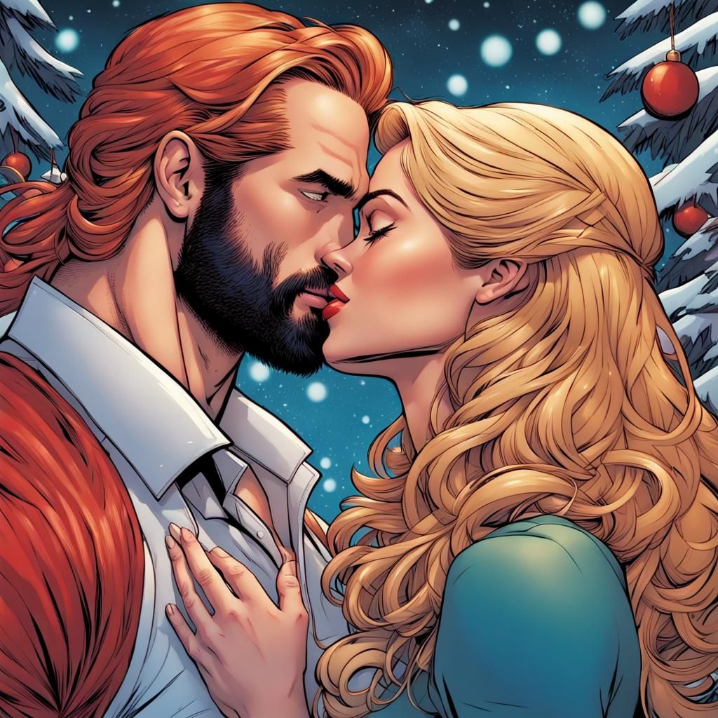 Passionate Christmas Kiss in Comic Book Art Style
