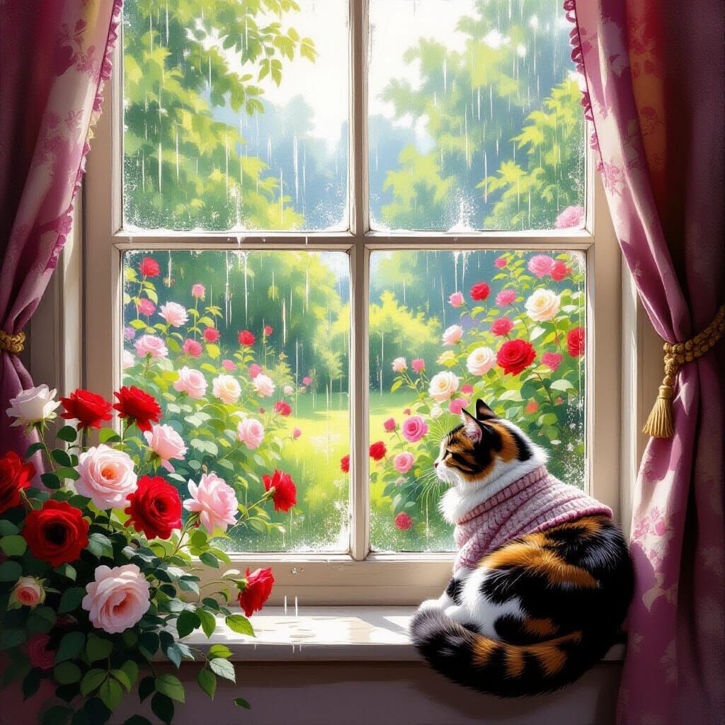 Calico Cat Watches Rainy Rose Garden: Classical Style