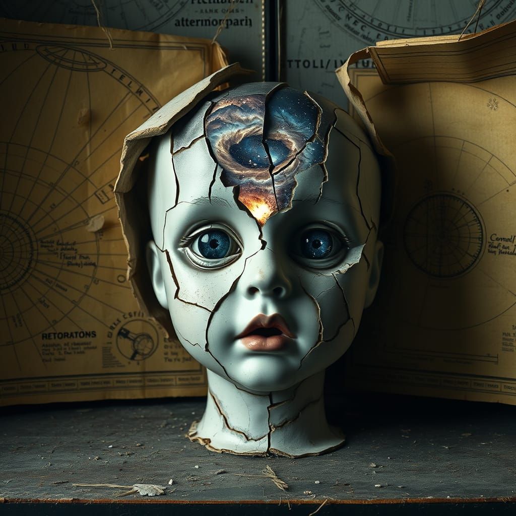 Cracked Porcelain Doll Reveals Cosmic Nebulae