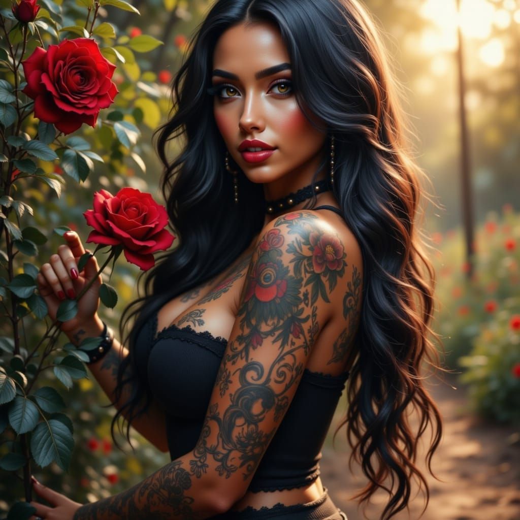 Puerto Rican Goth Woman in Rose Garden Pinup Style