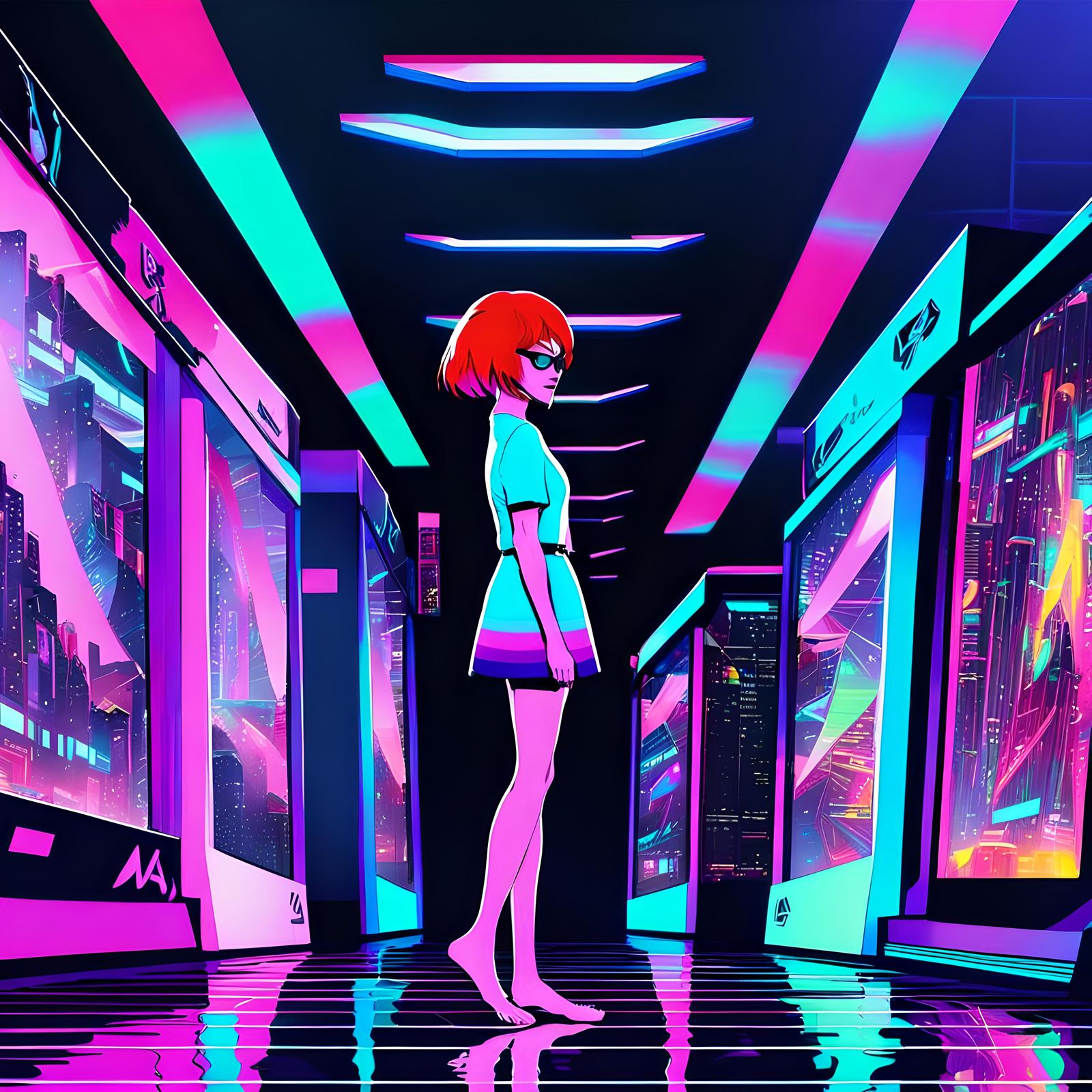 Redhead Girl in Synthwave Mall: Retrowave Surrealism