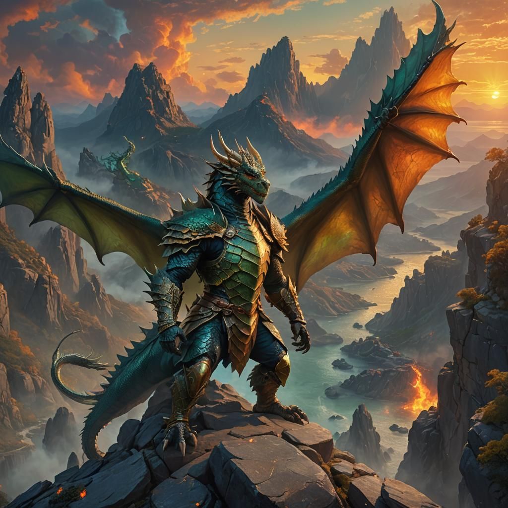 Dragon Warrior at Sunset: Epic Fantasy Art