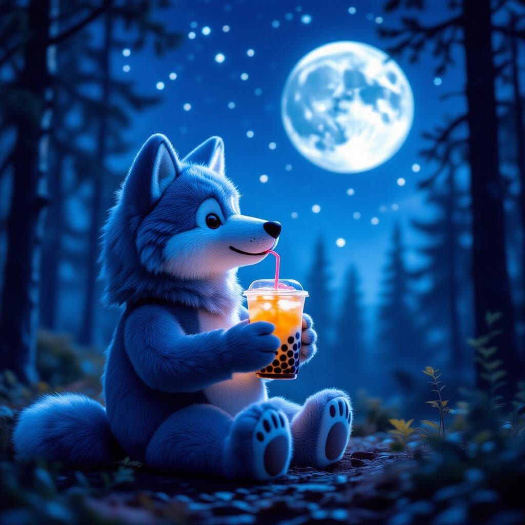 Wolf Stuffy Sips Boba Under Bioluminescent Moon
