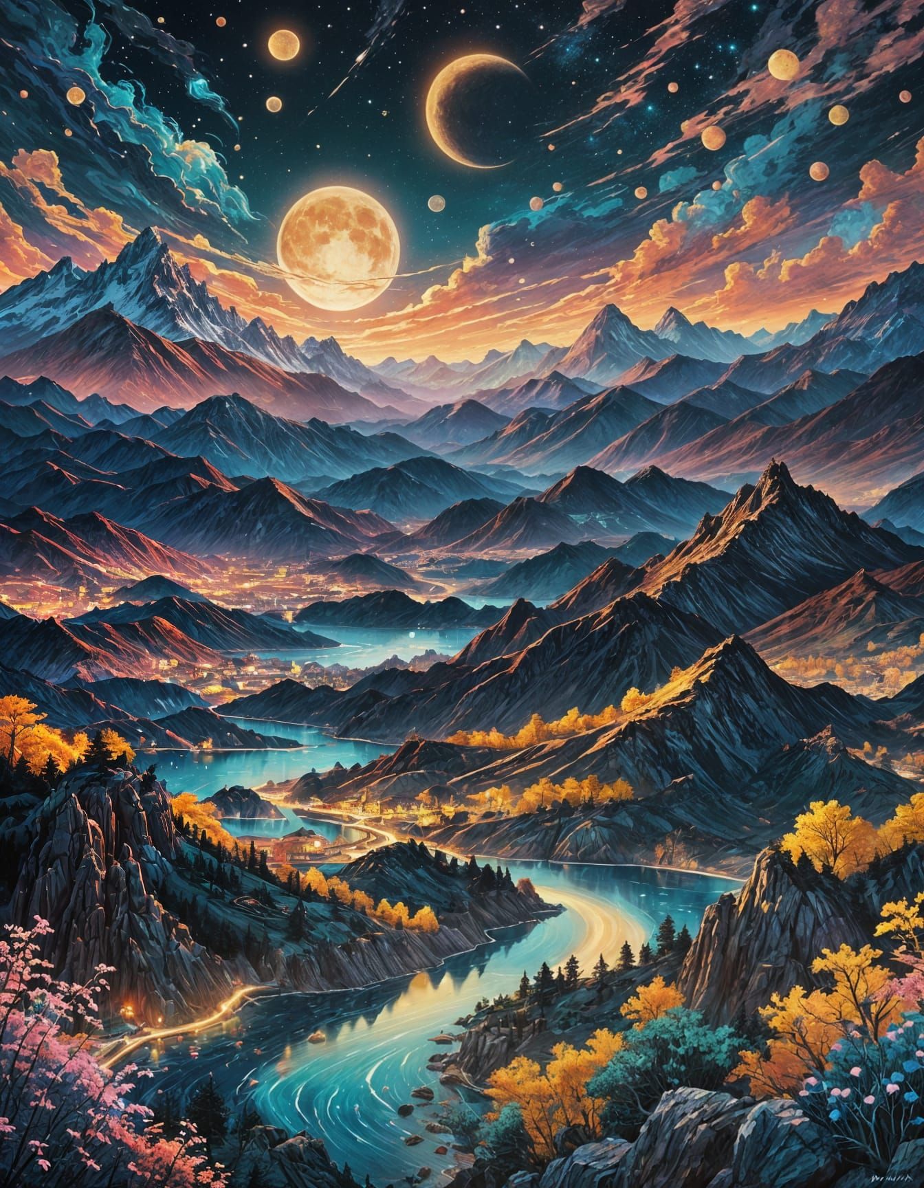 Magical Night Sky Over Fantasy Landscape