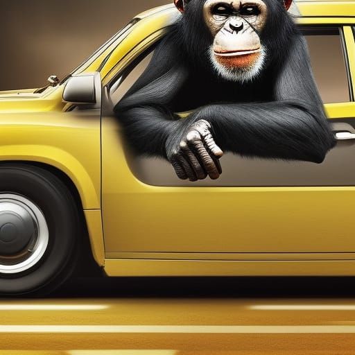 Chimpanzee Driving a Car: Cinematic Digital Painting