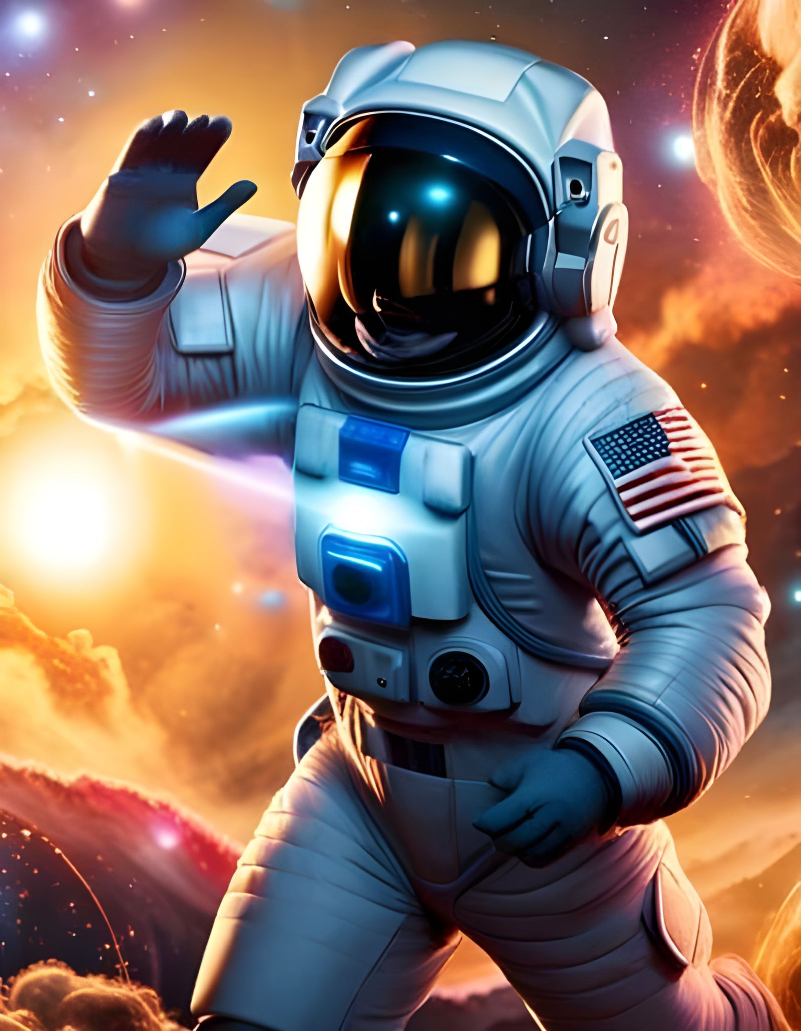 Astronaut in Cyberpunk Cosmos with Galactic Clouds