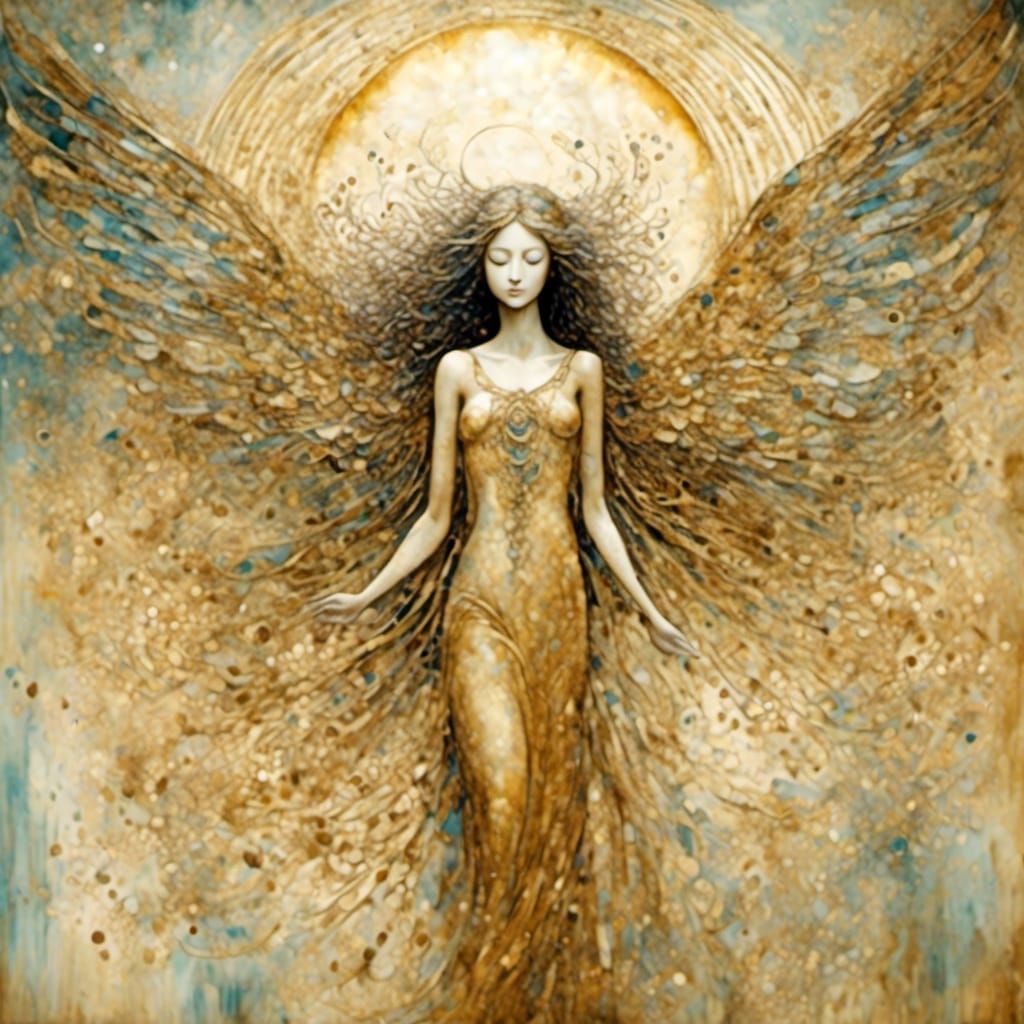 Luminous Golden Angel in Watercolor with Fractals