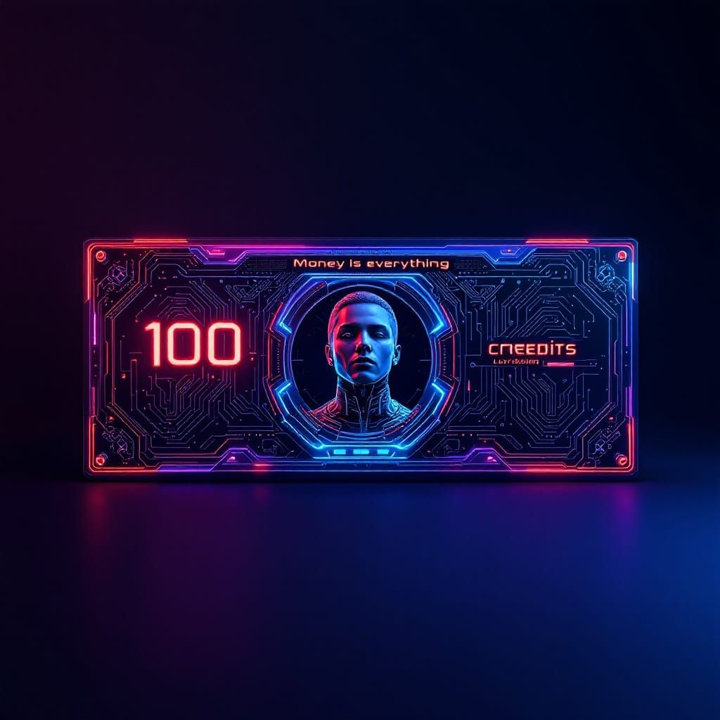 Luxurious 100 Credit Banknote in Metallic Blue with Futurist...