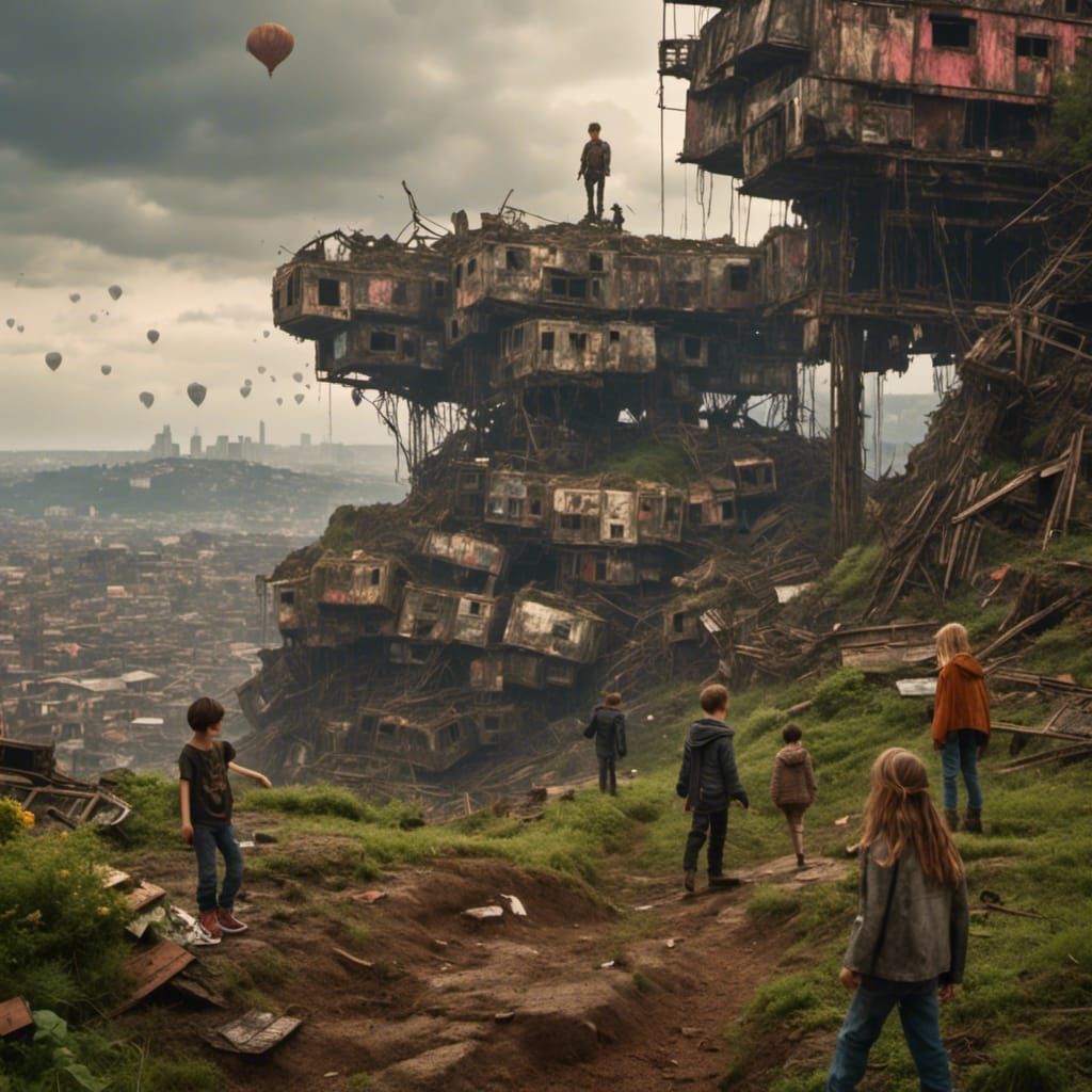 Children Play Atop Hill in Cyberpunk Slum