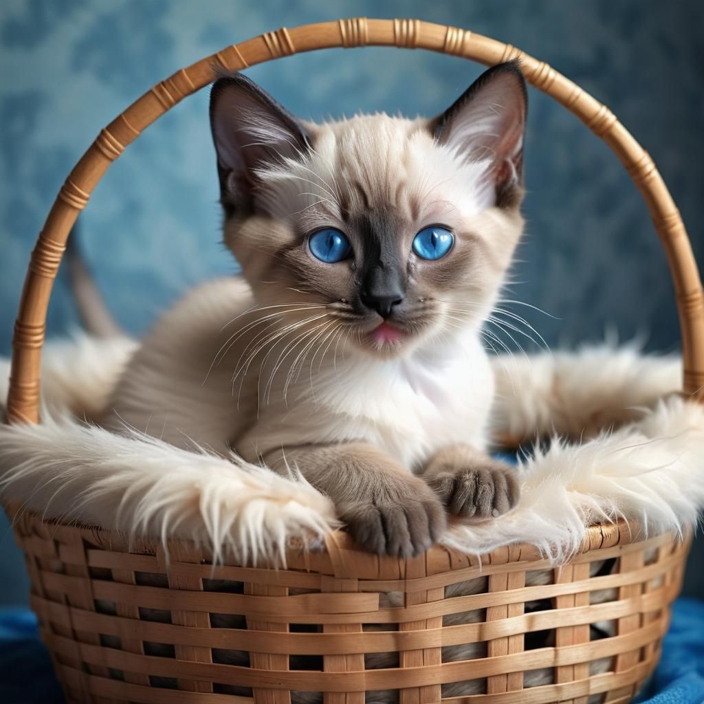 Cute Siamese Kitten in Basket Illustration