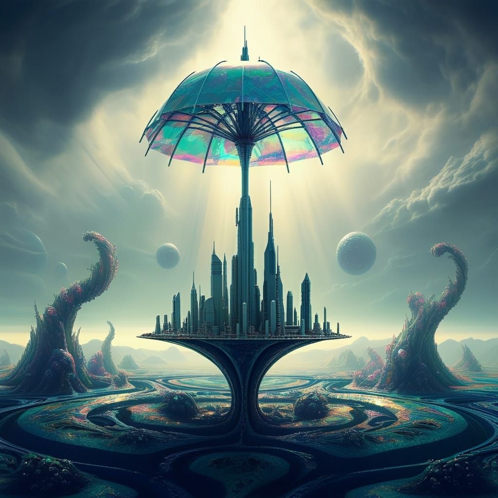 Ethereal Futuristic Metropolis on Iridescent Alien Planet