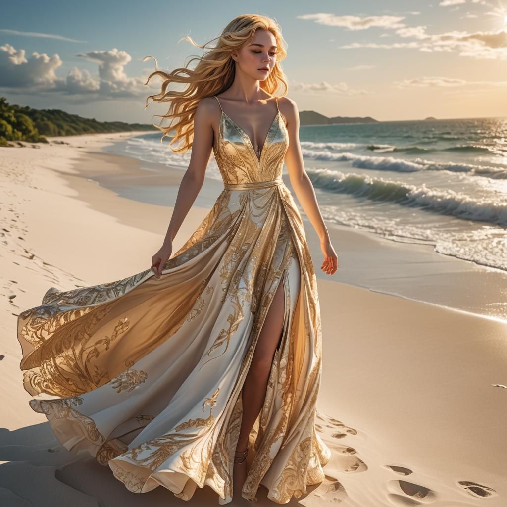 Golden Haired Woman on Beach in Anime Style