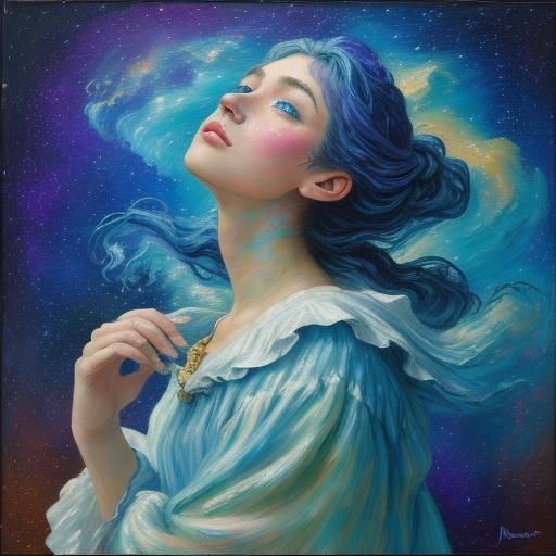 Girl Gazing at Galaxy in Impasto Oil Painting