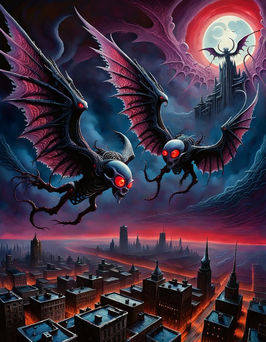 Winged Harbingers Over City in Dark Fantasy Style