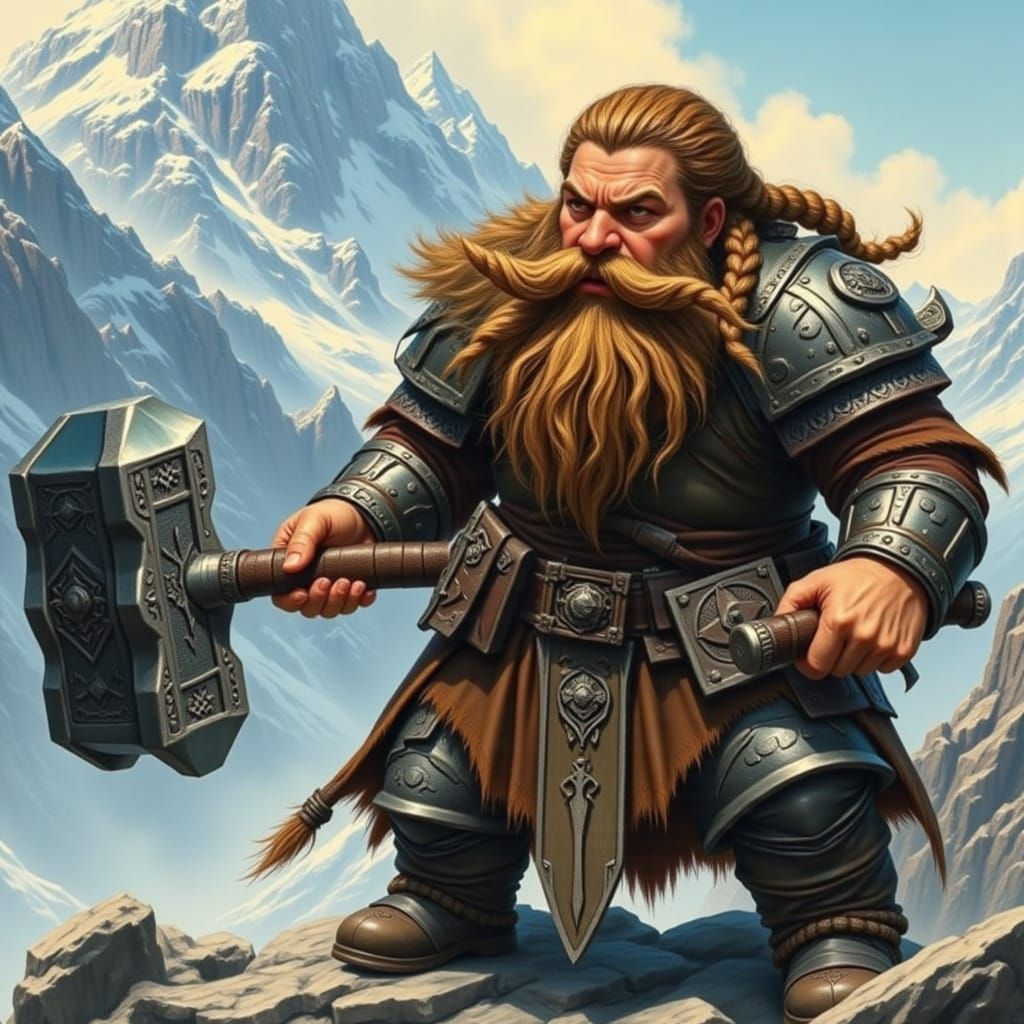 Mighty Female Dwarf Warrior in Frazetta-Style Fantasy Art