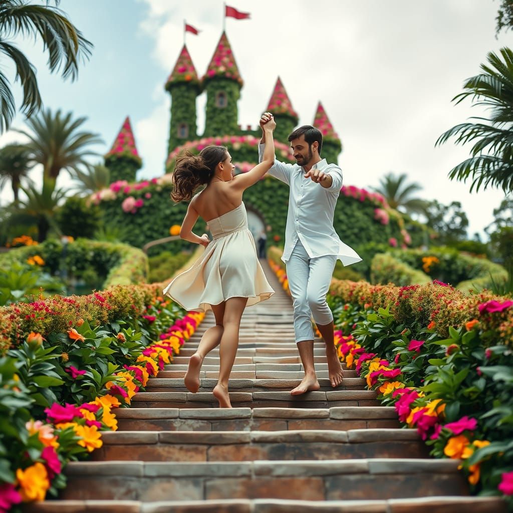 Joyful Dance on Floral Steps: A Whimsical Scene