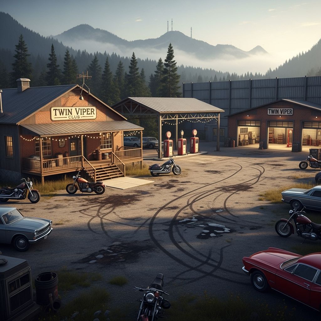 Twin Viper Clubhouse: Motorcycles and Mountain Backdrop