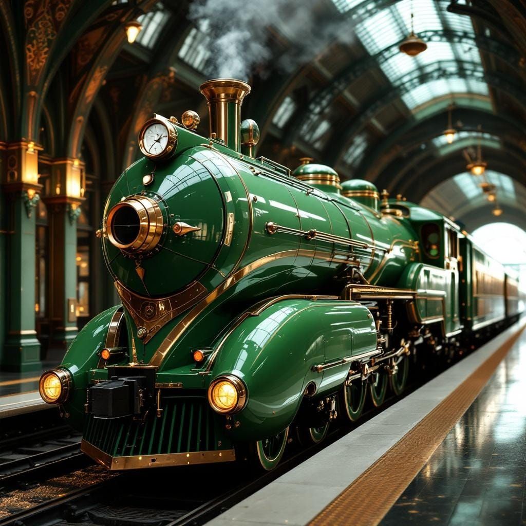 Green and Copper Art Deco Locomotive in Station