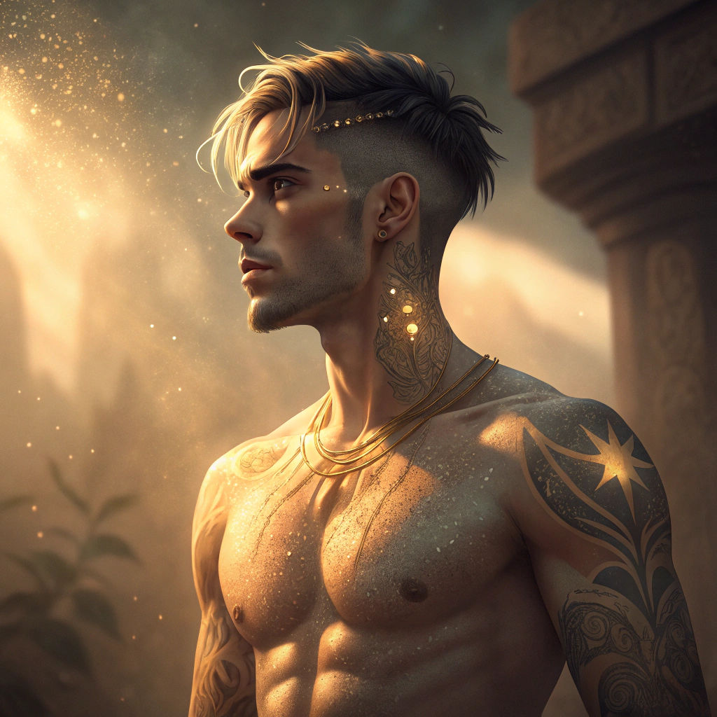 Celestial Tattooed Man in Cinematic Lighting