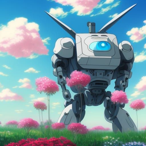 Giant Robot Gardener in Studio Ghibli Style