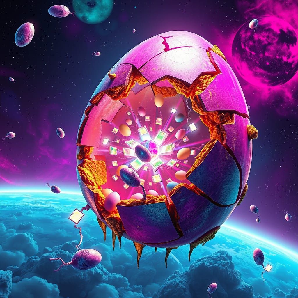 Cosmic Easter Egg in Vibrant, Fractured Abstraction
