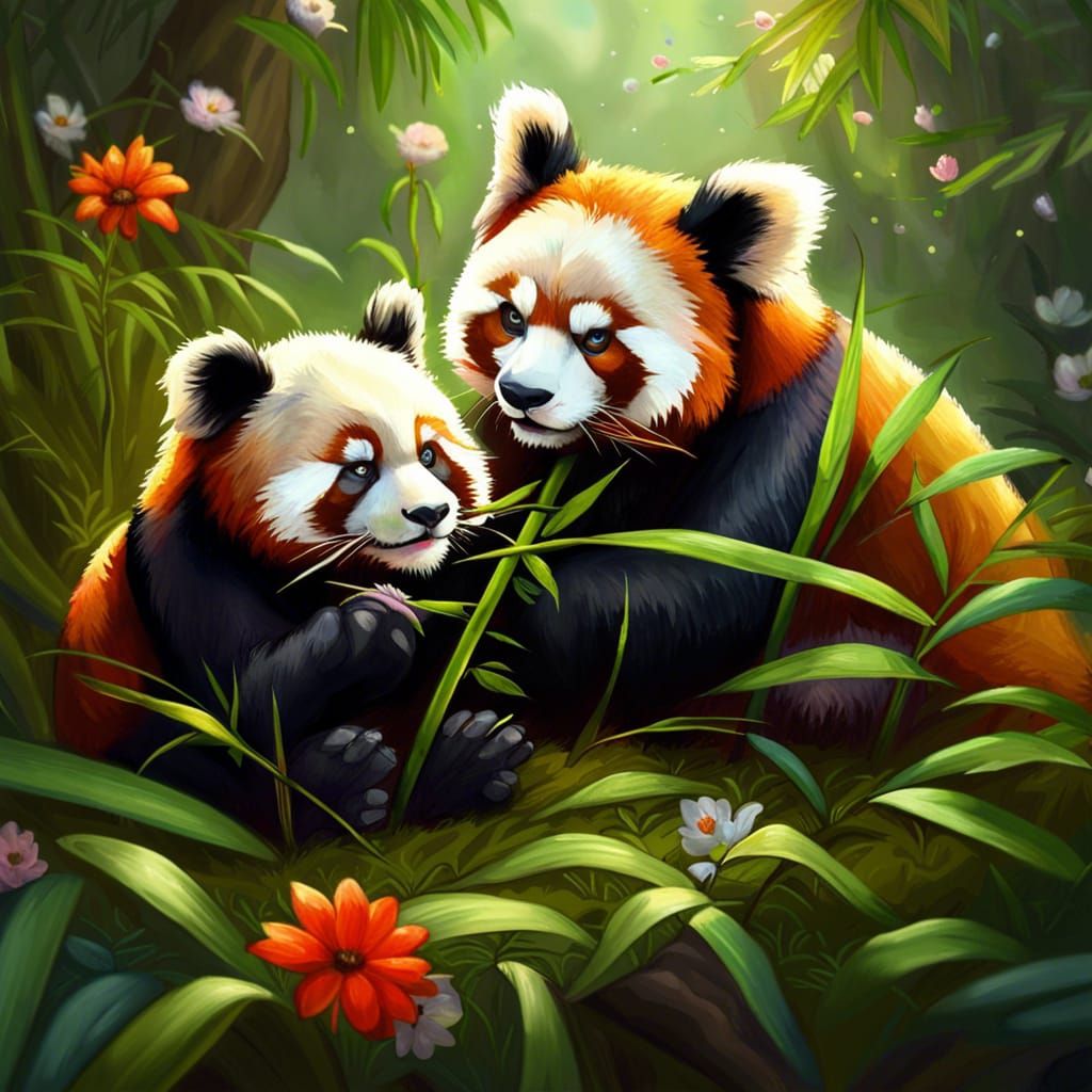 Fluffy Pandas Eating Bamboo, Oil Painting