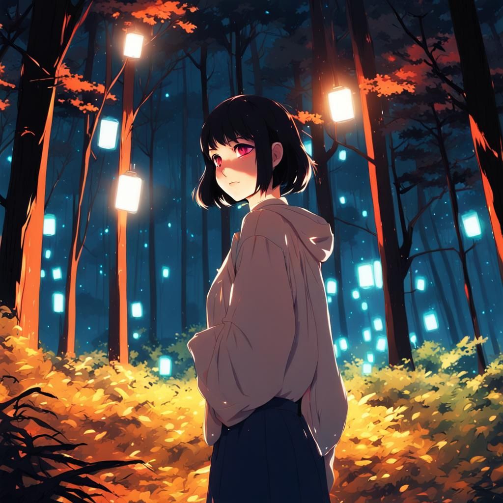 Anime Girl in Forest at Night: Digital Illustration