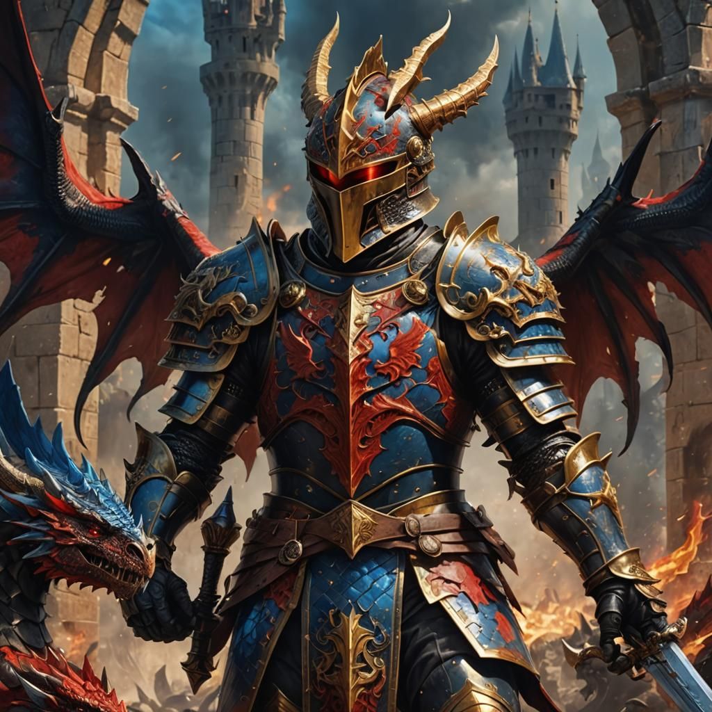 Powerful Knight in Red and Gold Armor with Wings
